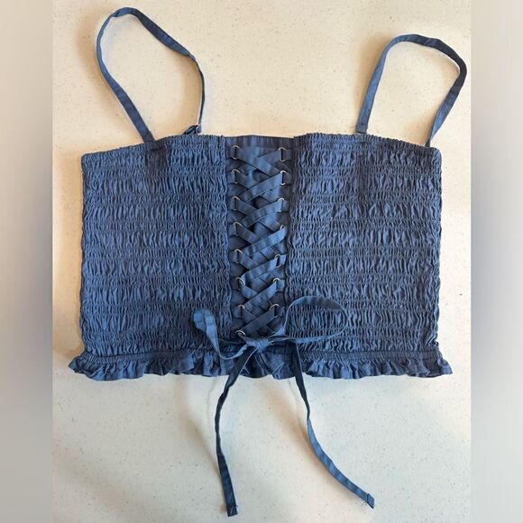 American Eagle Outfitters Tops - American Eagle Women Size Medium Blue Smocked Lace Up Adjustable Strap Crop Top